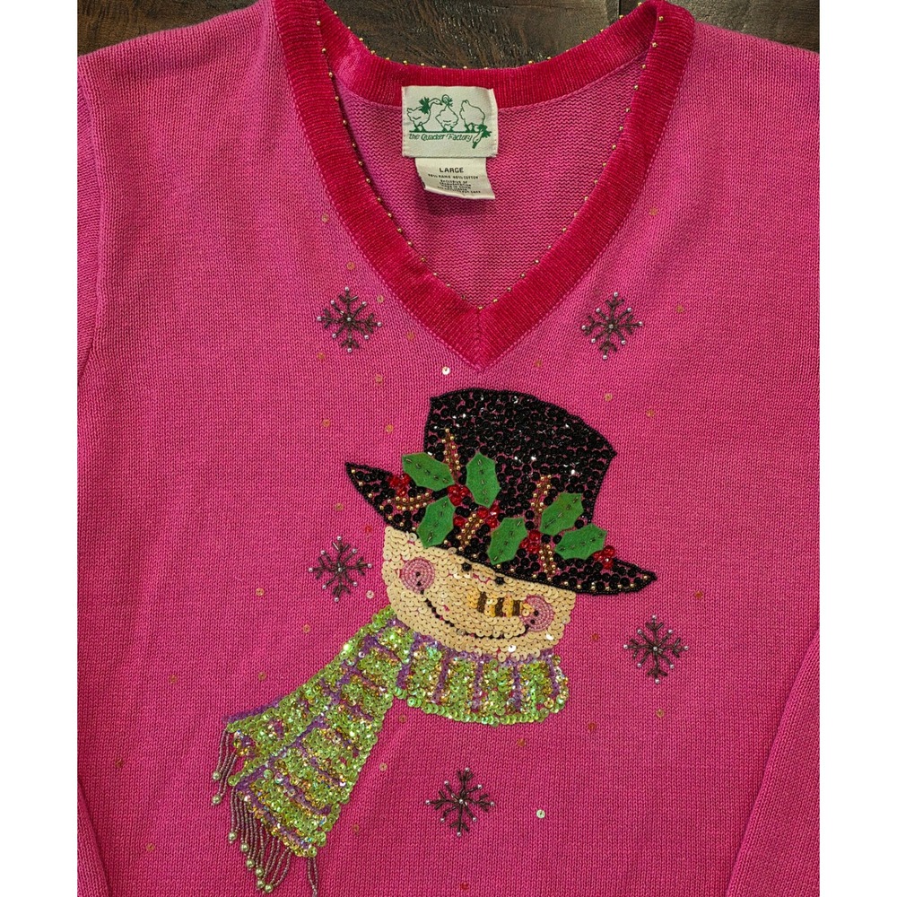 VTG Kitsch Grandmacore Pink Beaded Sequin Snowman V-Neck Sweater Velvet Trim